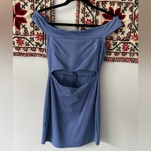 Off the shoulder blue mini dress with midrift cutout